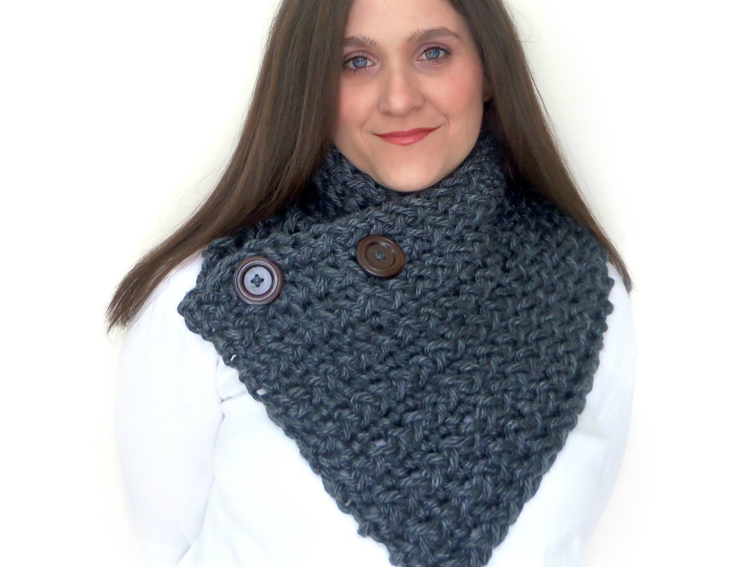 Somerset County Cowl Reversible Scarflette with Super Chunky Charcoal Yarn or Pick your Color and Dark Brown Pattern Buttons: