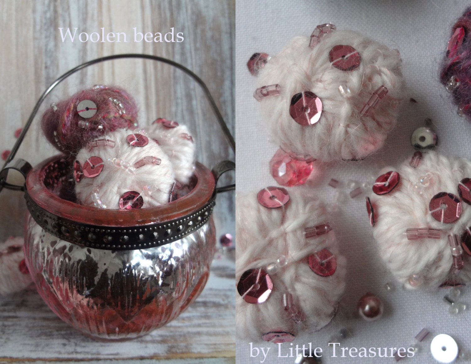 Yarn Beads - Handmade woolen beads - sparkly buttons, jewelry making supplies