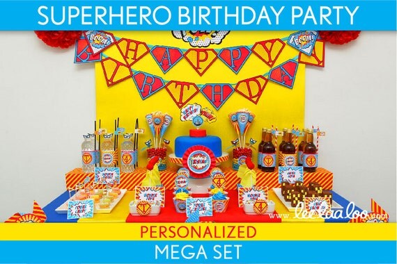 Superhero Birthday Party Package Collection Set Mega Personalized Printable // Vintage Superhero - B32Pz2 Il_570xn
