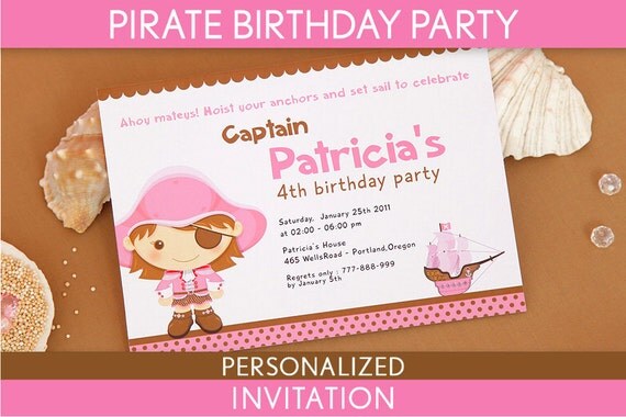Pirate Birthday Party Invitation Personalized Printable // Pirate Girl Pink Brown - B9Pa2 Il_570xn