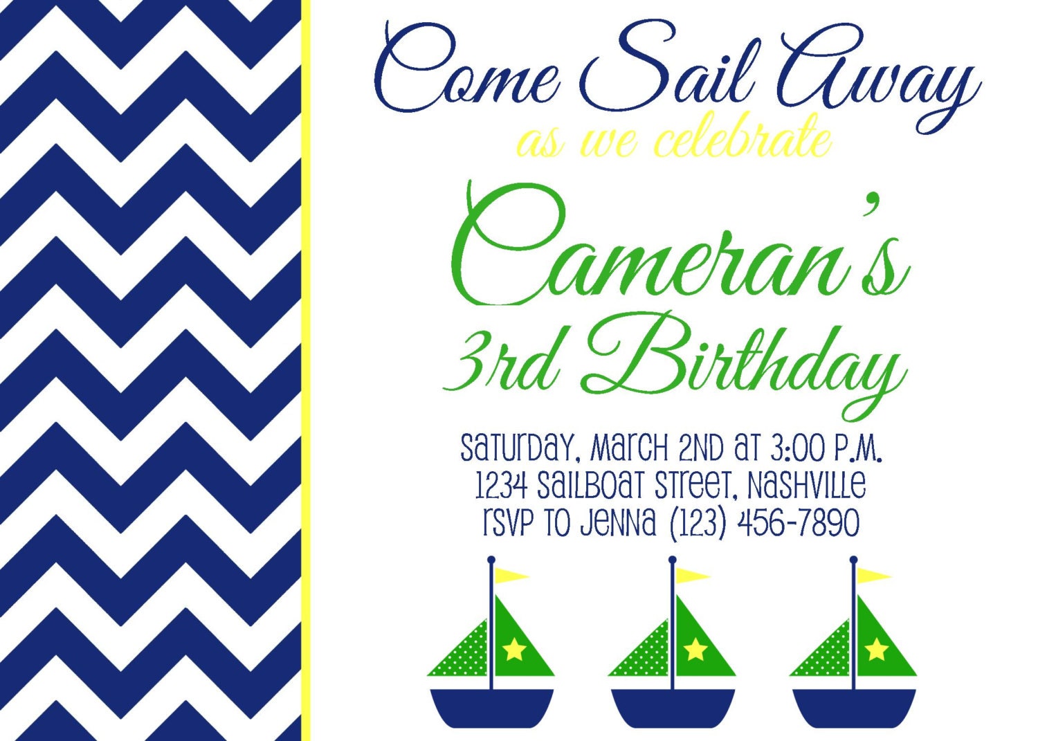 Sailboat - Green and Navy Birthday or Shower Invitation - Girl DIY Printable Il_170x135
