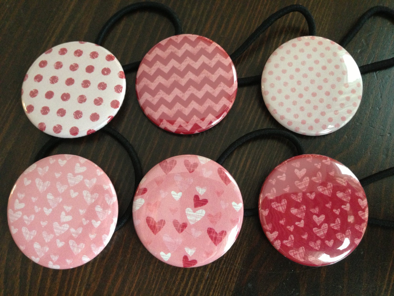 Set of 6 Heart Chevron and Dot Button Ponytail Holders