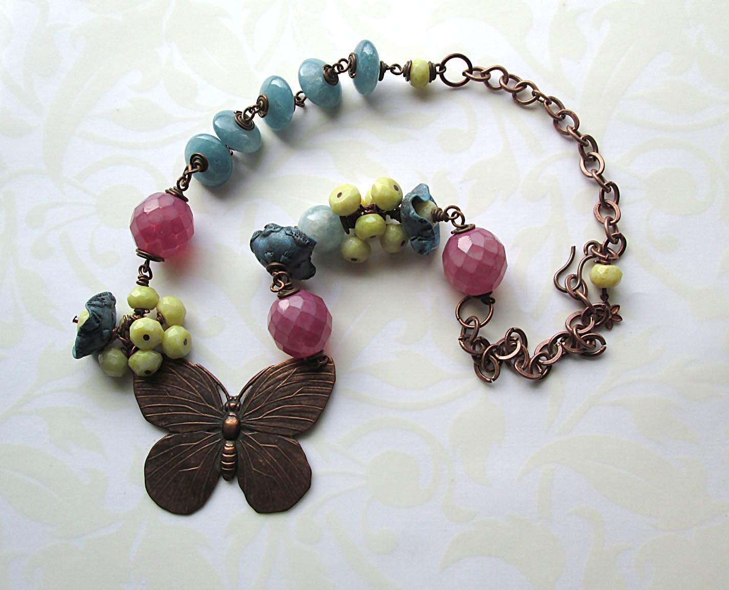 Spring Beaded Necklace, Butterfly Necklace, Beadwork, Colorful, Garden Party, Flower