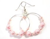 Girlie Pink Sparkle Pearl Hoop Earrings on Silver Plated Hooks or Clip Ons