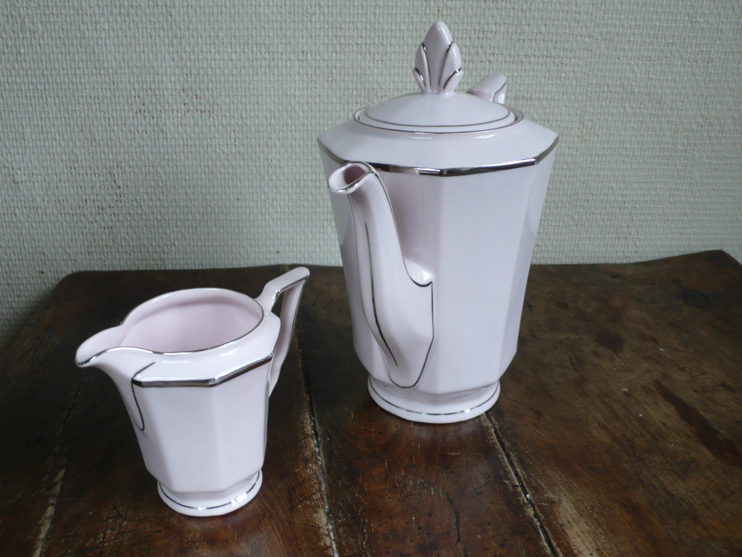 vintage teapot, german, pink and silver,  creamer,  french vintage, milk jug, art deco, teaset,  house accessories by ancienesthetique