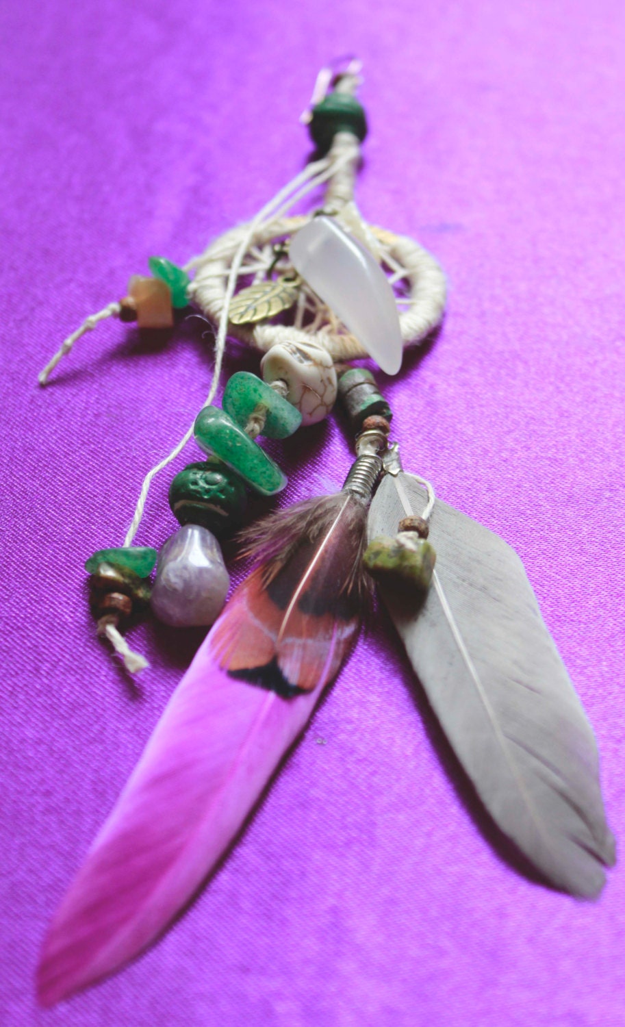 Gypsy Jangles & Dangles Single Tribal Skull Earring with Feathers, Gemstones and Hemp