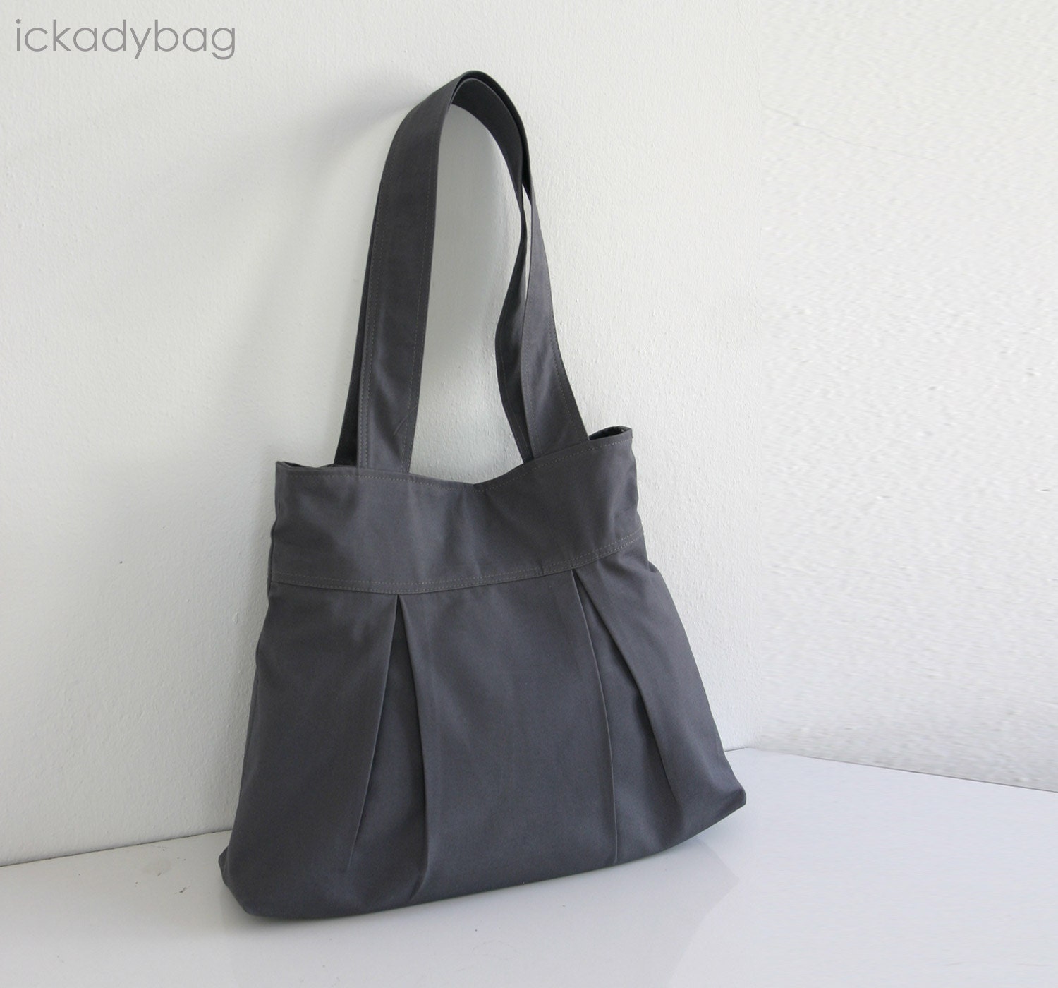 SALE Dark Grey Canvas Bag / Pleated bag / Bridesmaid Tote / Cotton Purse / Work Shoulder bag / Simple Everyday Bag with flower - Twitty