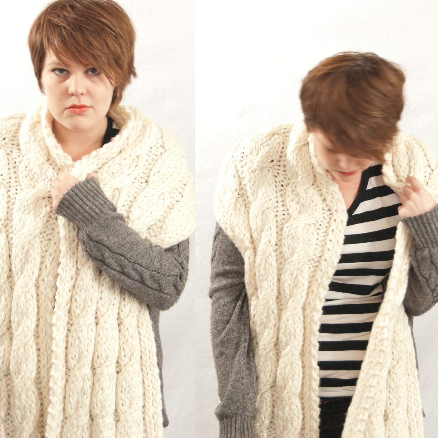 Extra Large Cable Knit Scarf with Fringe in Cream