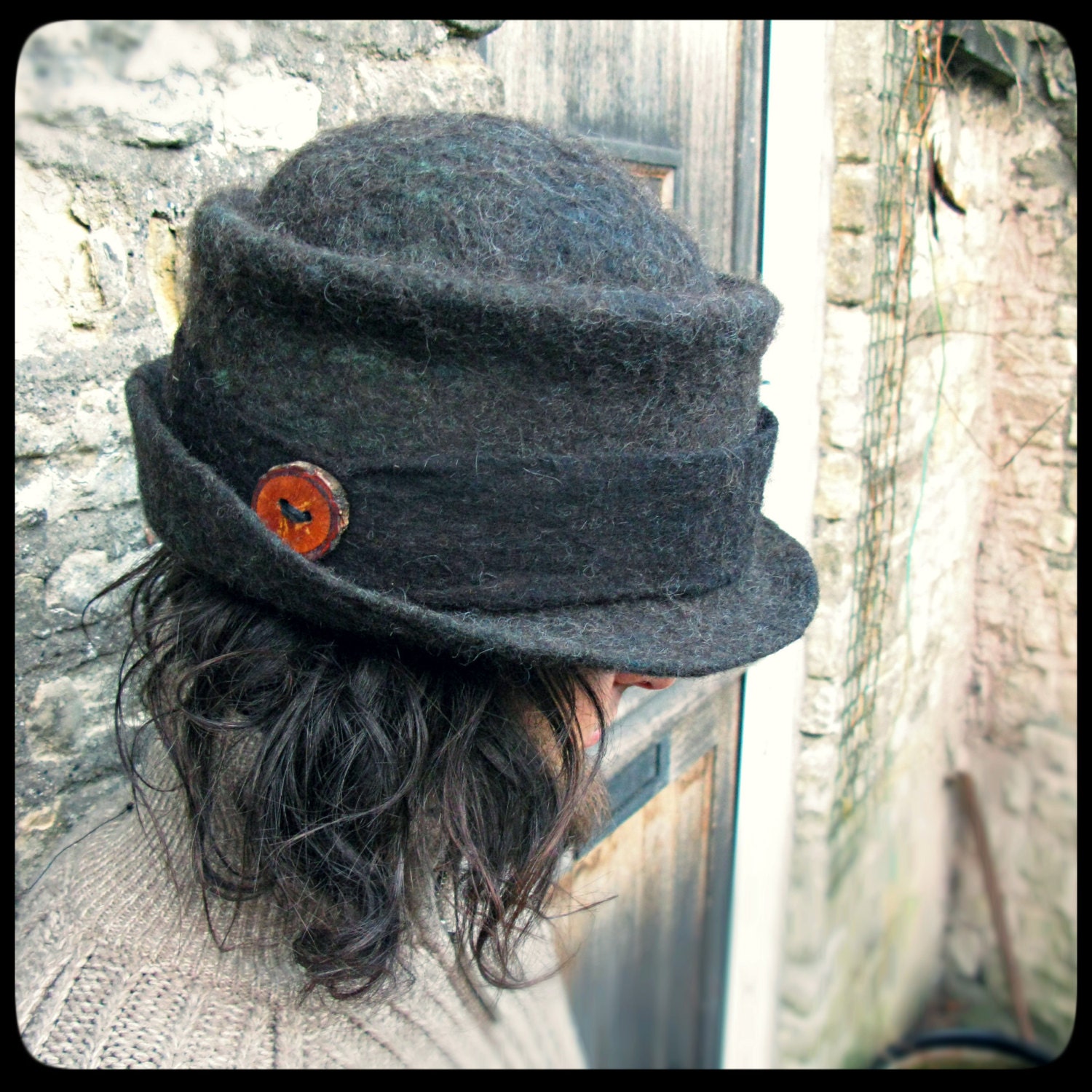 ARtWeAR Felted Hat MADE to ORDER - 'Jester' - green & black wool hat - men women unisex felt trilby - oak button - handmade OOAK
