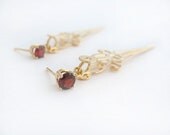 Red Garnet Earrings, Gold Earrings, Clock Hands Earrings, Unique Designer Earrings, Gold Jewelry, Handmade Jewelry, Red Jewelry