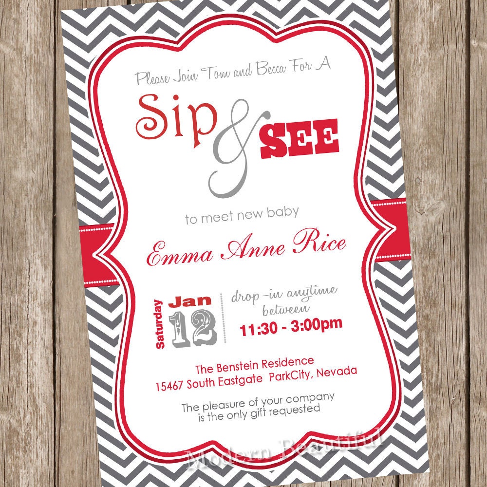 Nuetral sip and see baby shower invitation, red and grey, chevron sip and see invitation, digital, printable 20121228-K1-1C Il_170x135