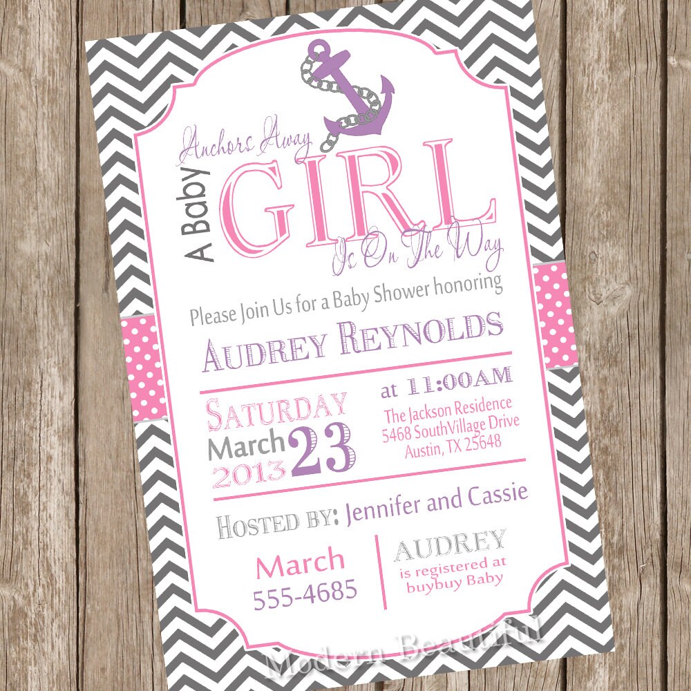 Chevron anchors away a baby is girl on the way baby shower invitation, pink, purple, grey, anchor, nautical, digital file Il_570xn