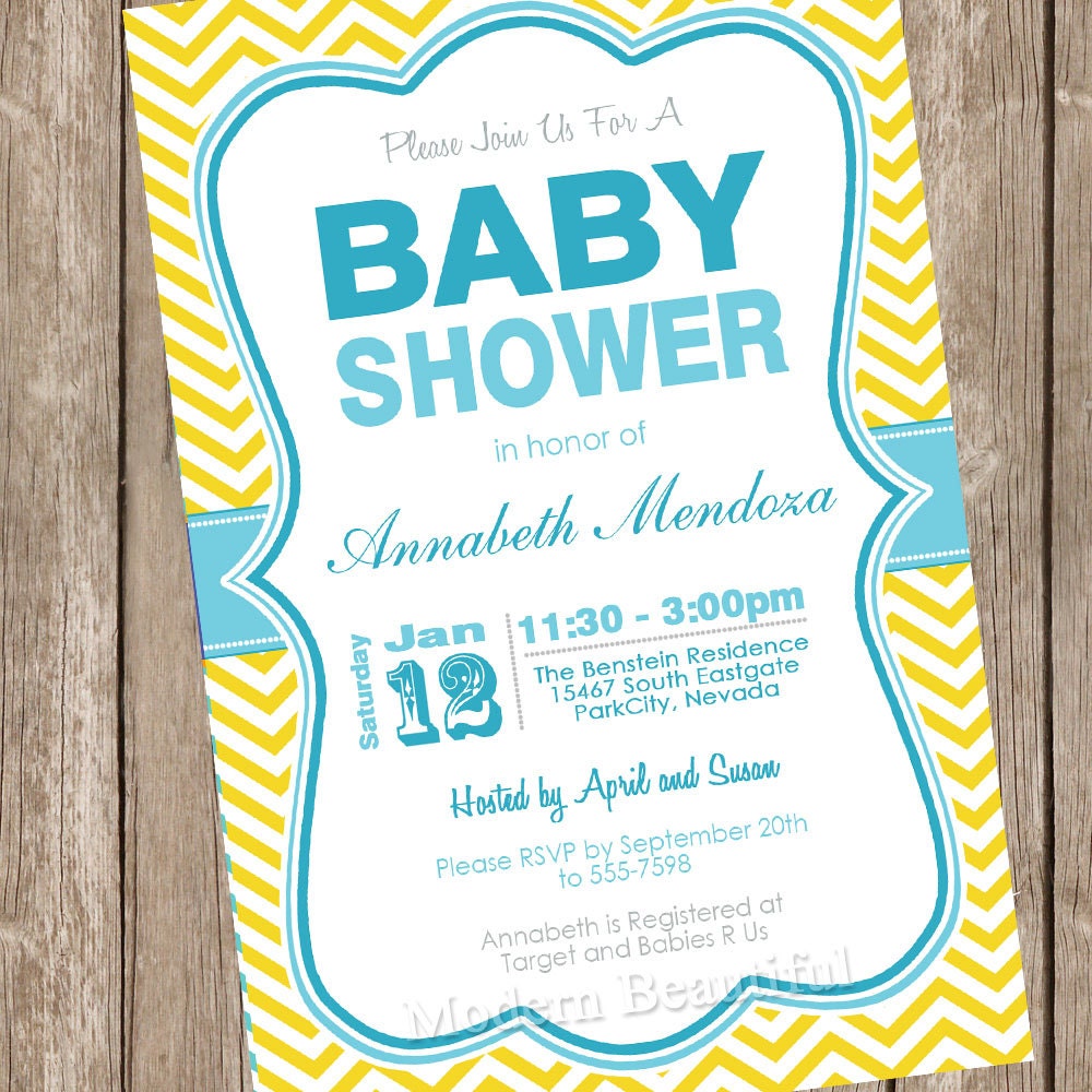 Boy Baby Shower Invitation Yellow and Aqua Chevron Printable Personalized 121202-K1-1C Il_570xn