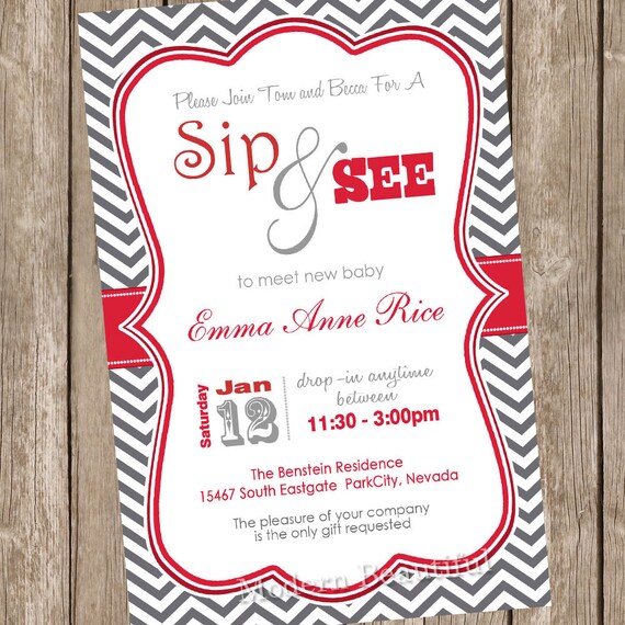 Nuetral sip and see baby shower invitation, red and grey, chevron sip and see invitation, digital, printable 20121228-K1-1C Il_570xn