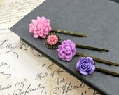 Flower Bobby Pins, Pink & Purple Hair Pin Set, Romantic Garden Floral Wedding Accessories by Flower Couture