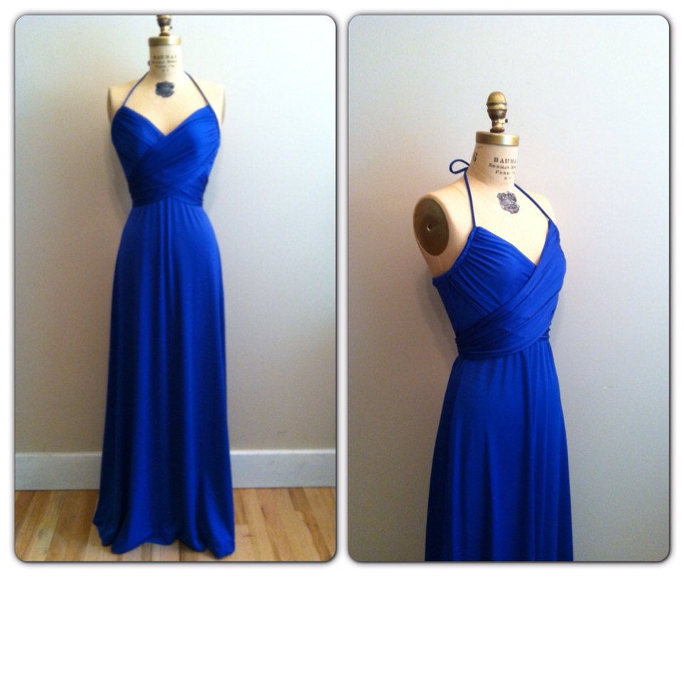Vintage 1970s Wrap Jersey Dress 70s Electri Blue Halter