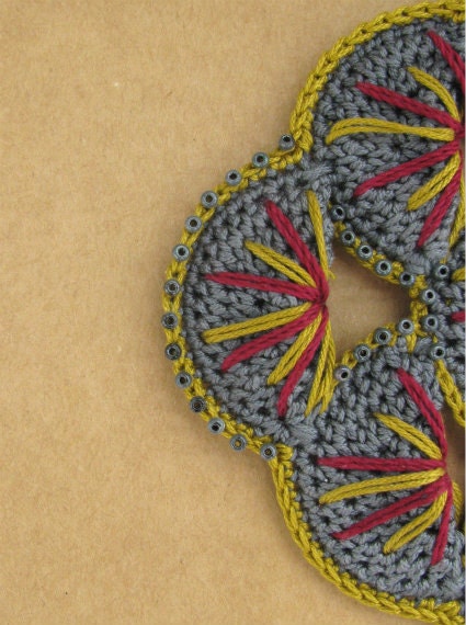 Folk Crochet Necklace tribal boho geometric grey mustard burgundy yellow embroidered