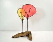 Modern Abstract Wire Driftwood Tree Sculpture Red Yellow