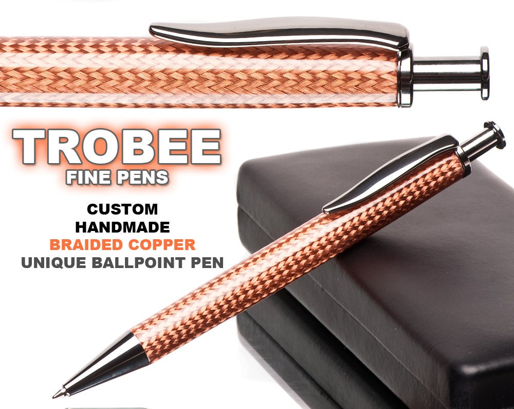 Unique writing pen ballpoint made of braided copper and gun metal, modern look for great gift idea