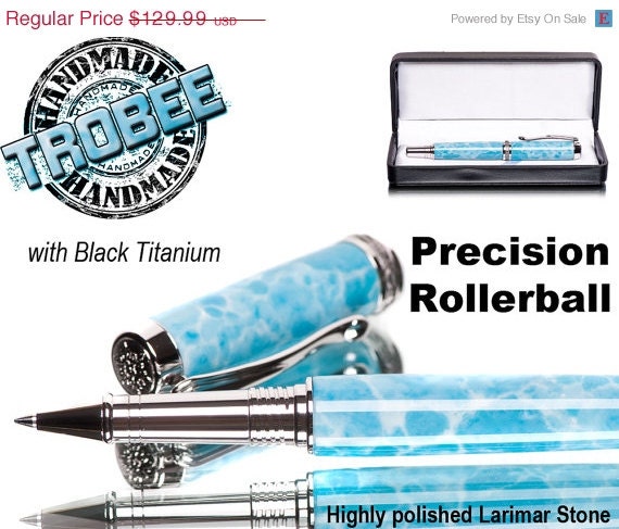 ON SALE NOW Blue Larimar Rollerball Pen, precision hand made on a lathe highly polished