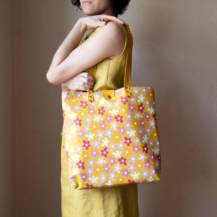 Colorful fun roomy tote bag with mustard yellow leather handles