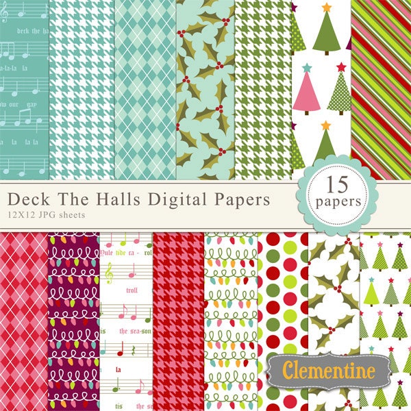 40% OFF SALE -Deck the Halls Christmas digital paper, christmas digital scrapbooking paper 12x12, royalty free paper- Instant Download