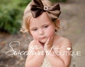 Large Dark Chocolate Brown Sweet Satin Bow with Square Crystal Button Center - Baby Headband, Girls Headband or Hair Clip, Photography Prop
