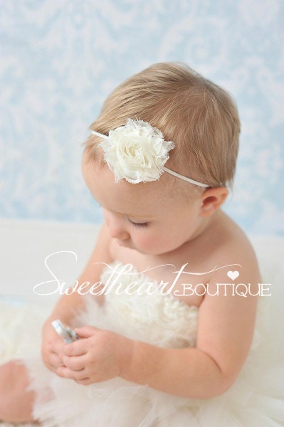 Ivory Shabby Flower Baby Headband - Baby Girl Headbands Newborn Headband Infant Headband Girls Shabby Rosette Flower Headband or Hair Clip