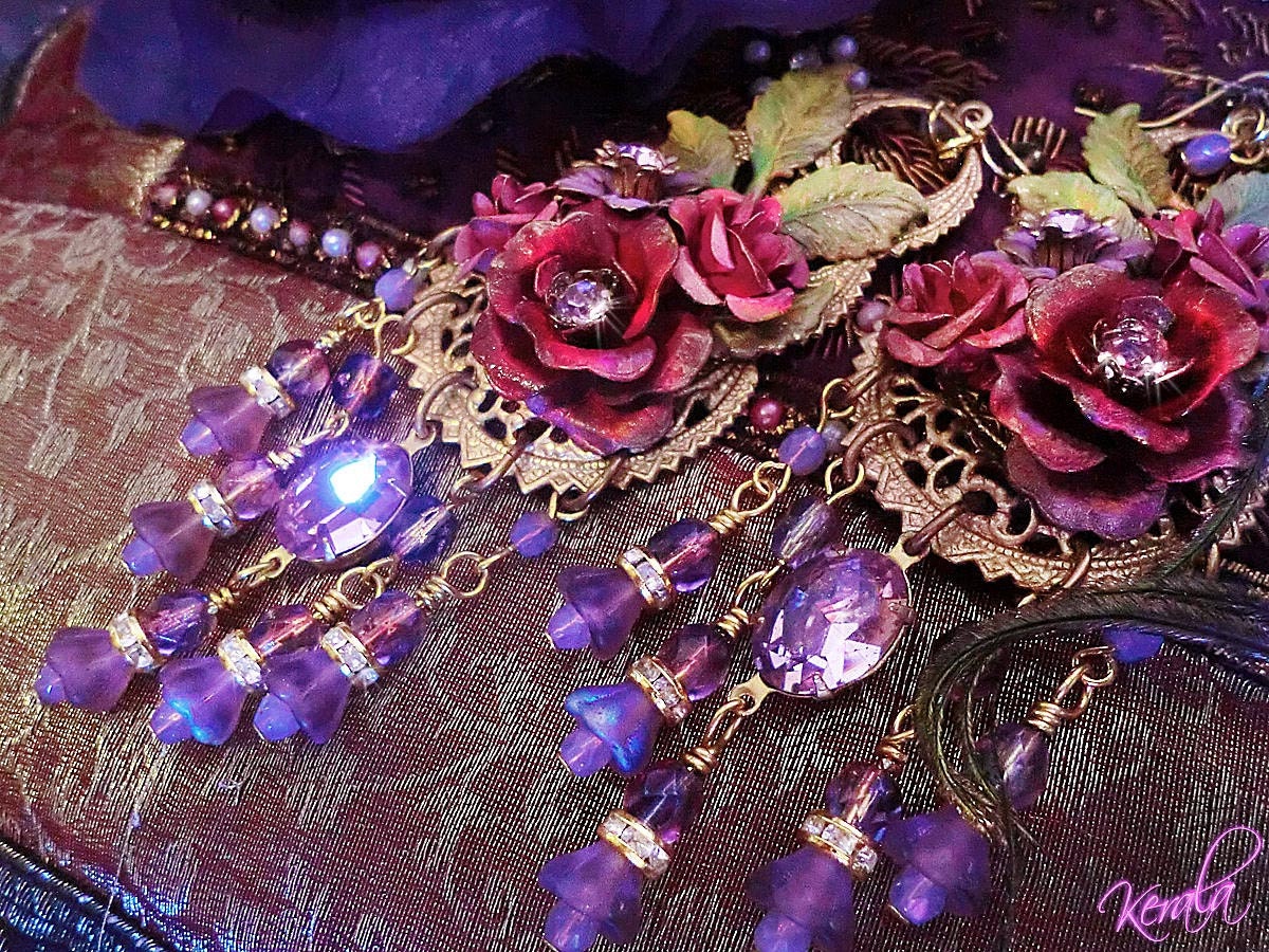 Red Rose Chandelier Earrings Exotic Flower Earrings, Lavender Crystal, Ornate Feminine Victorian Jewelry, Elaborate Statement Earrings- MTO