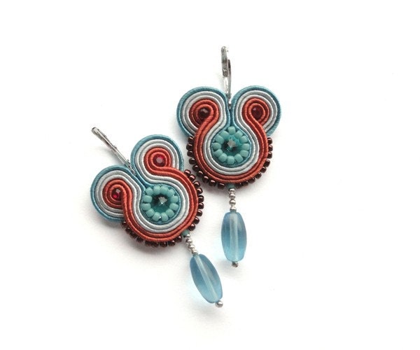 Orange blue swarovski dangle earrings turquoise red statement hand embroidered soutache earrings. MADE TO ORDER.