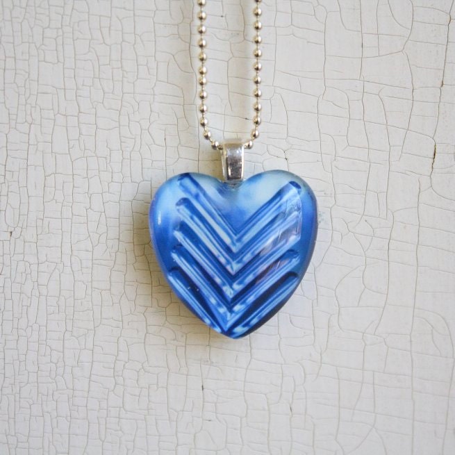Glass Photo Pendant Necklace Heart Chevron Cobalt Blue