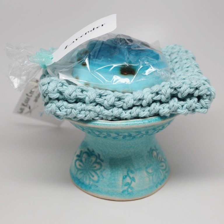 Pedestal Soap Dish with a Crocheted Wash Cloth and Handmade Soap Gift Set