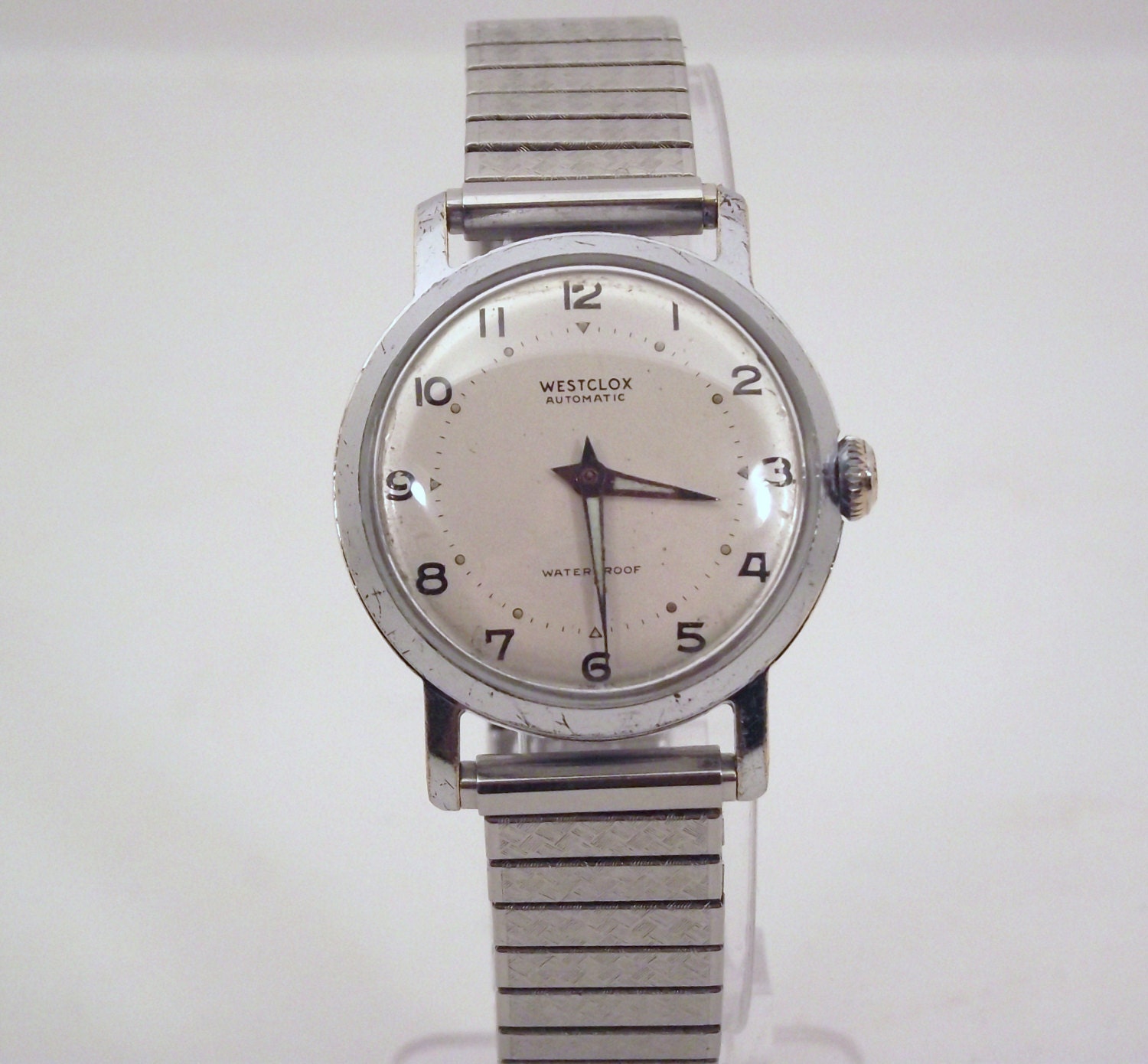 Vintage 1960s Silver Color Westclox Swiss Made 1 Jewel Automatic Retro Style Men's Watch W/Speidel Stainless Expansion Band German Made Case