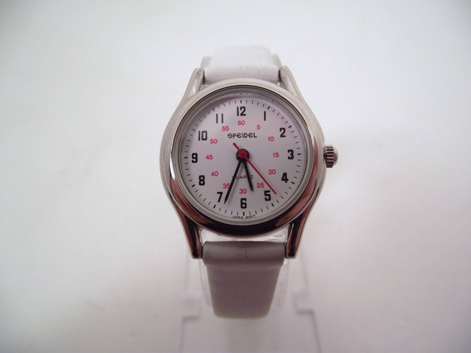 NOS Vintage early 1990s Speidel Silvertone Quartz Retro Woman's Ladies Watch W/RED Sweep Second Hand /White Leather Band Japan Movement