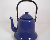 Vintage Enamelware Tea Kettle Mid Century Blue with Black Trim Made in Japan