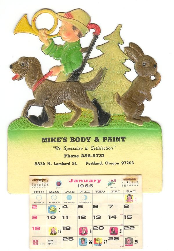 1966 Die-Cut Calendar with Cute Boy Hunter with Horn, Hound, and Snickering Rabbit