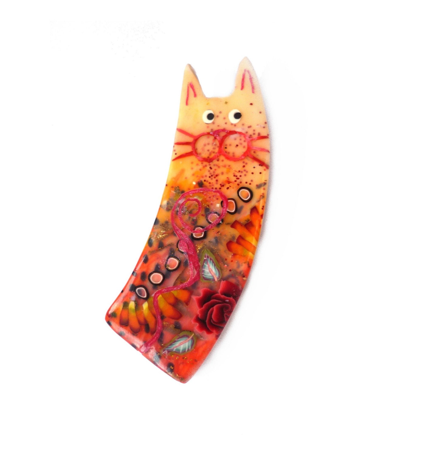 Cat brooch ANITA - Unique Art Brooch - polymer clay kitty - orange, coral, red - rose flower - chat - cat collectibles
