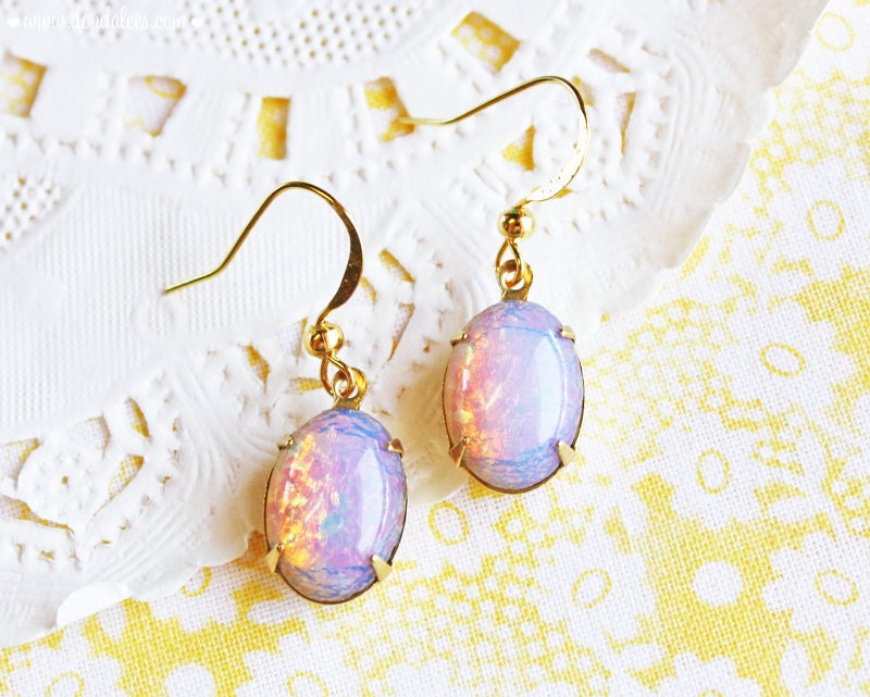Vintage Harlequin Fire Opal Oval Earrings- Pink Opal Dangle Earrings