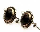 Vintage Black Onyx Handmade Sterling Silver Dangling Wire Earrings (V351)