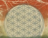 Flower of Life at Sunset, ooak gelatin monoprint on handmade paper