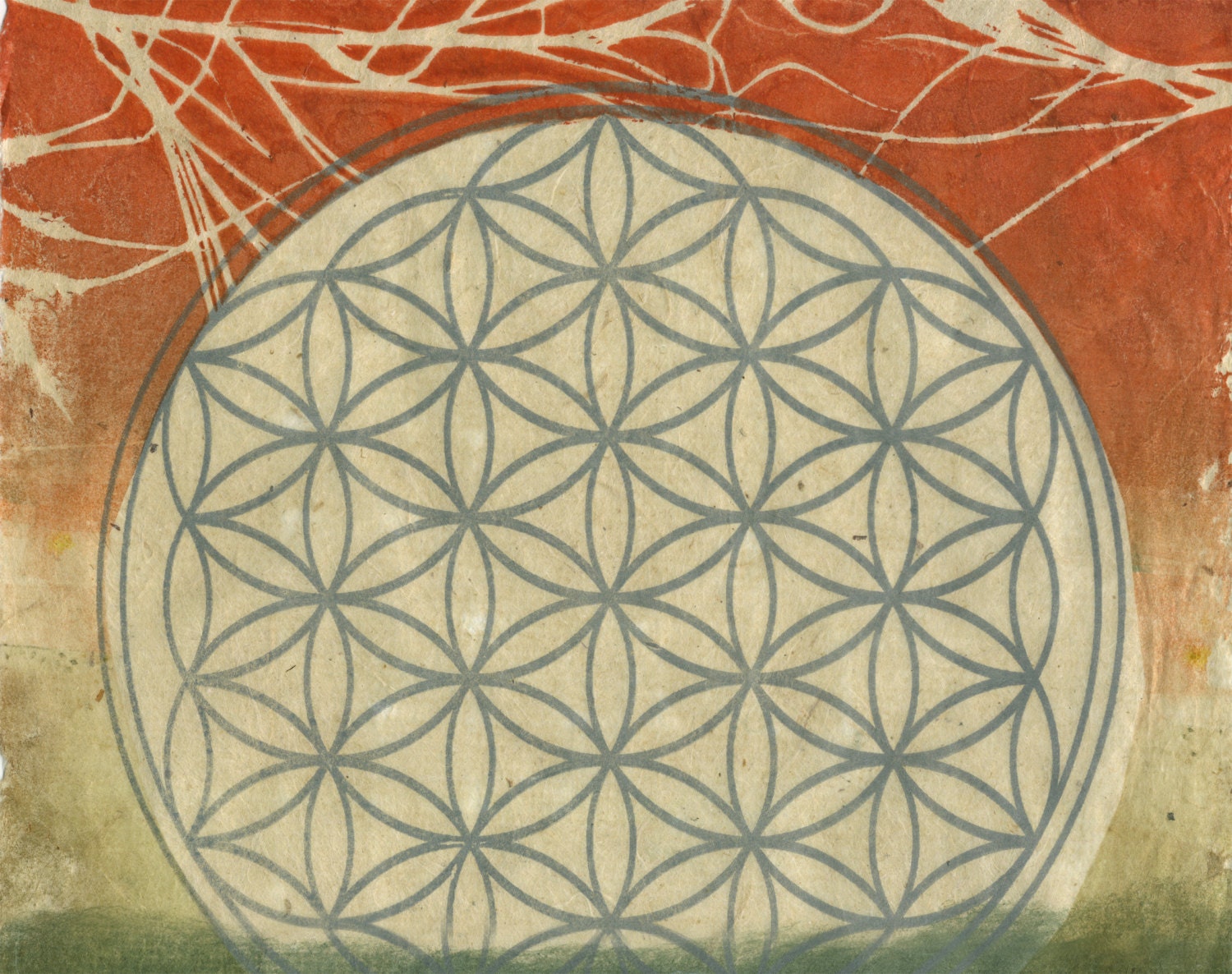Flower of Life at Sunset, ooak gelatin monoprint on handmade paper