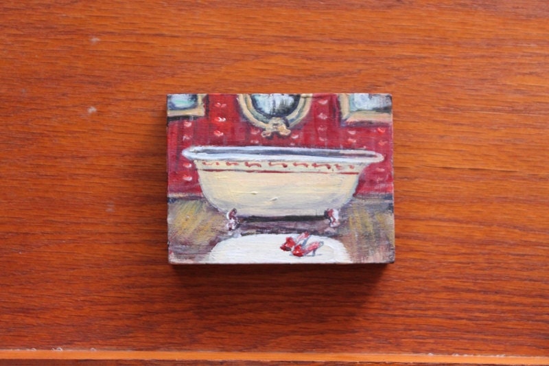 Red Bathroom Yellow Cream Bathtub mini original painting on wood panel 3 x 4 ''