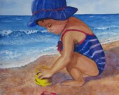 Beach Girl Child, Seashore Ocean Print, Castle, Florida Reproduction of Original Watercolor Painting, Surf Waves Blue Hat, Red Shovel
