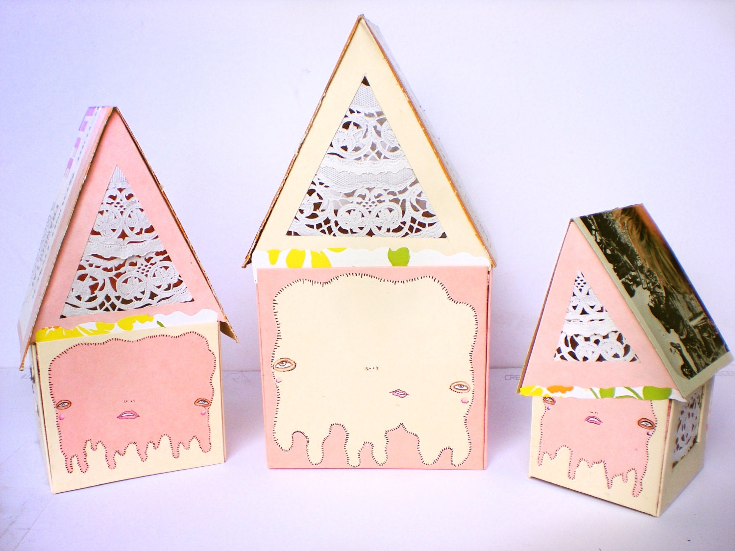 Paper Lantern House/Night Light, Made from Recycled Record Sleeves & Original Drawings.