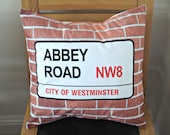 Cushion Abbey Road road sign London brick wall westminster recording studio Beatles cushion 18 x 18  pillow cover orange red black white