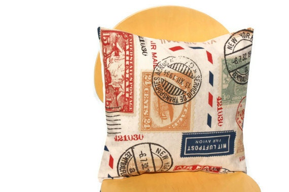 Throw pillow postage stamp airmail letters envelope new york UK 18 x 18 blue cream beige red decorative  cushion cover