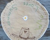 WHO LOVES SUMMER, Hand Embroidered, Whimsical, Primitive Candle Mat, Table Mat, Owl, One of A Kind, Original Design