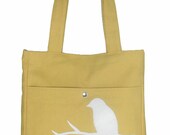 yellow cotton canvas shoulder bag / tote bag / diaper bag / hand bag , bird stitched