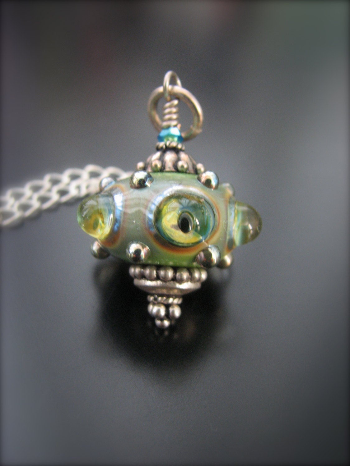 Orion's Orb UFO necklace Pendant Lampwork Glass Silver Accent