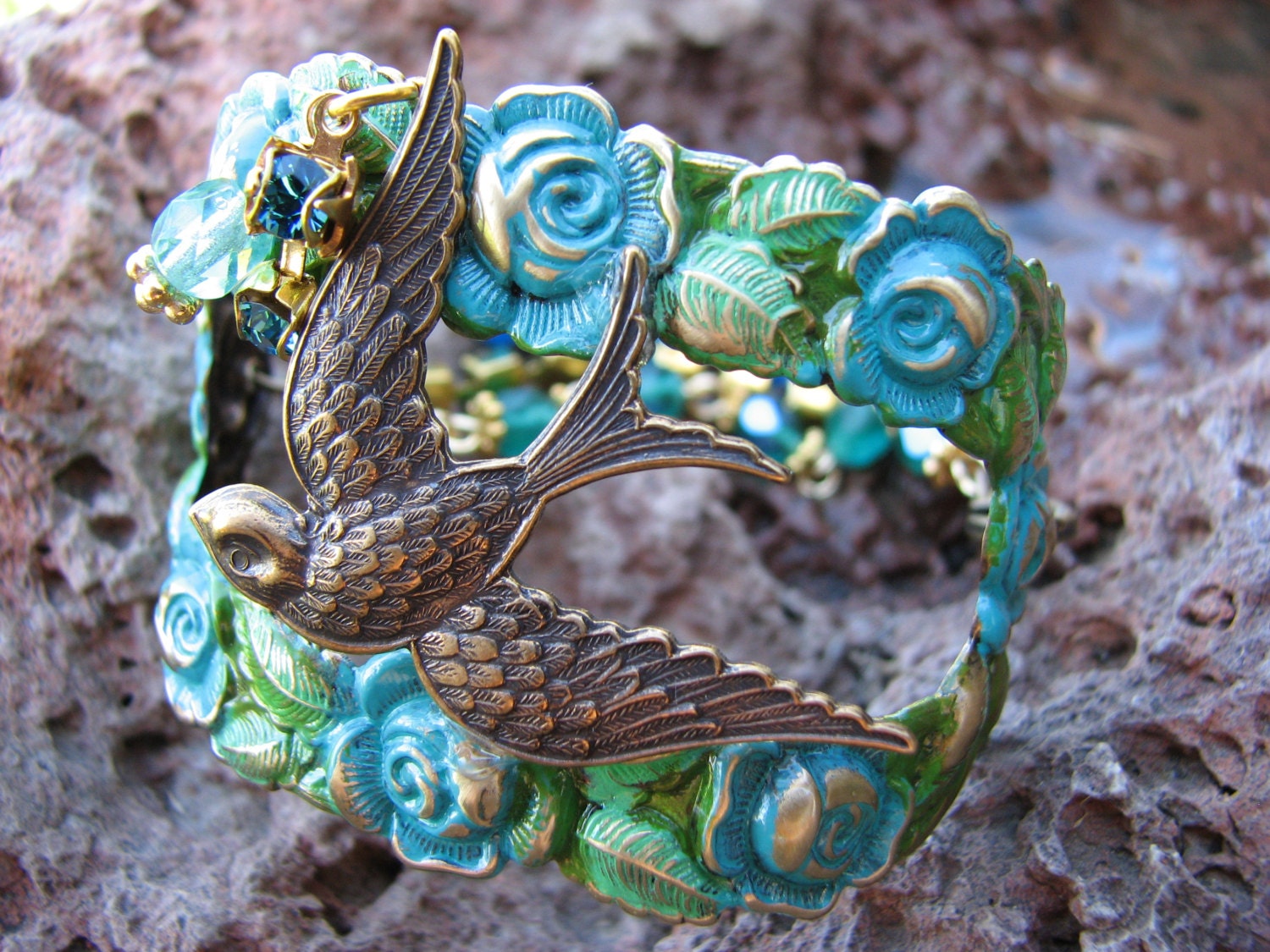 Sparrow Vintage Brass Hand Painted Metal Patinas Three Strand Czech Fire Polished Glass Beads Rhinestones Accent Charm Green Turqoise